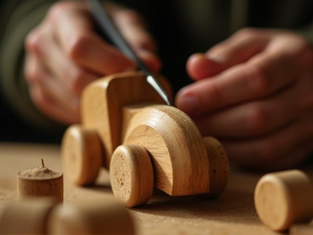 Close-up of hands crafting a wooden toy